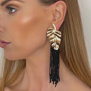 Elegant Gold and Black Leaf Tassel Statement Earrings Brand New Resort Vacation